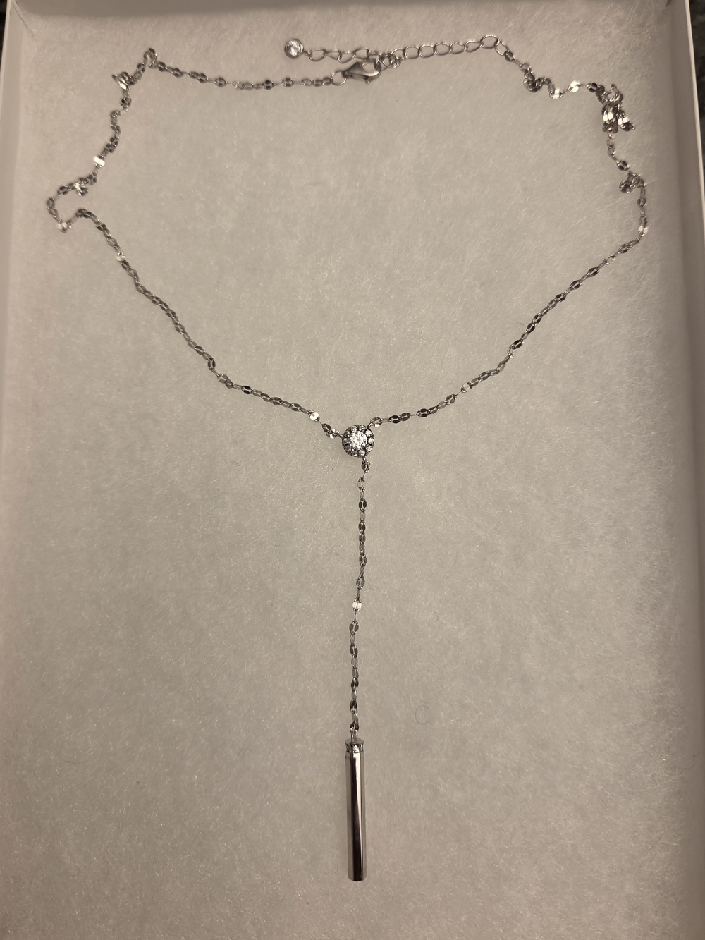 Delicate Sterling Silver Drop Lariat Necklace with Clear Crystal Accent, 12 Inch